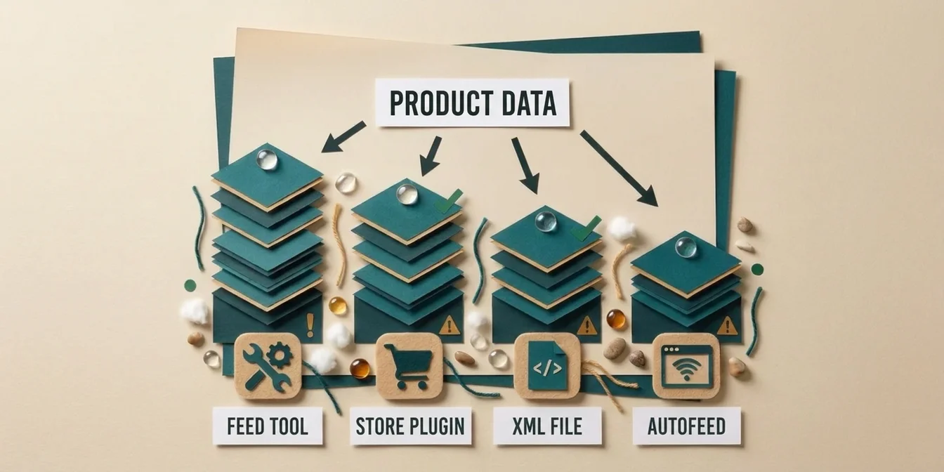 Infographic comparing feed quality by feed source: store plugin, dedicated feed tool, autofeed, and static XML file