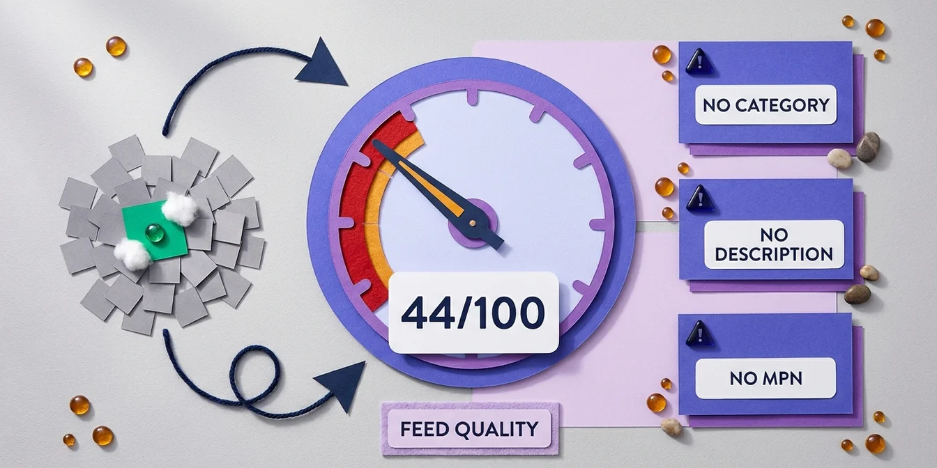 Feed error benchmark infographic showing feed quality score and the most common Merchant Center errors