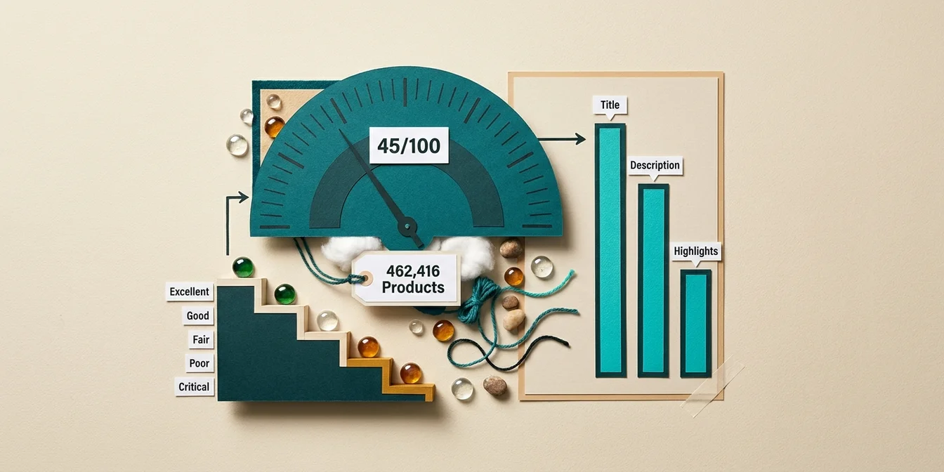 Feed quality score benchmark infographic showing score distribution and component comparison for title, description, and highlights