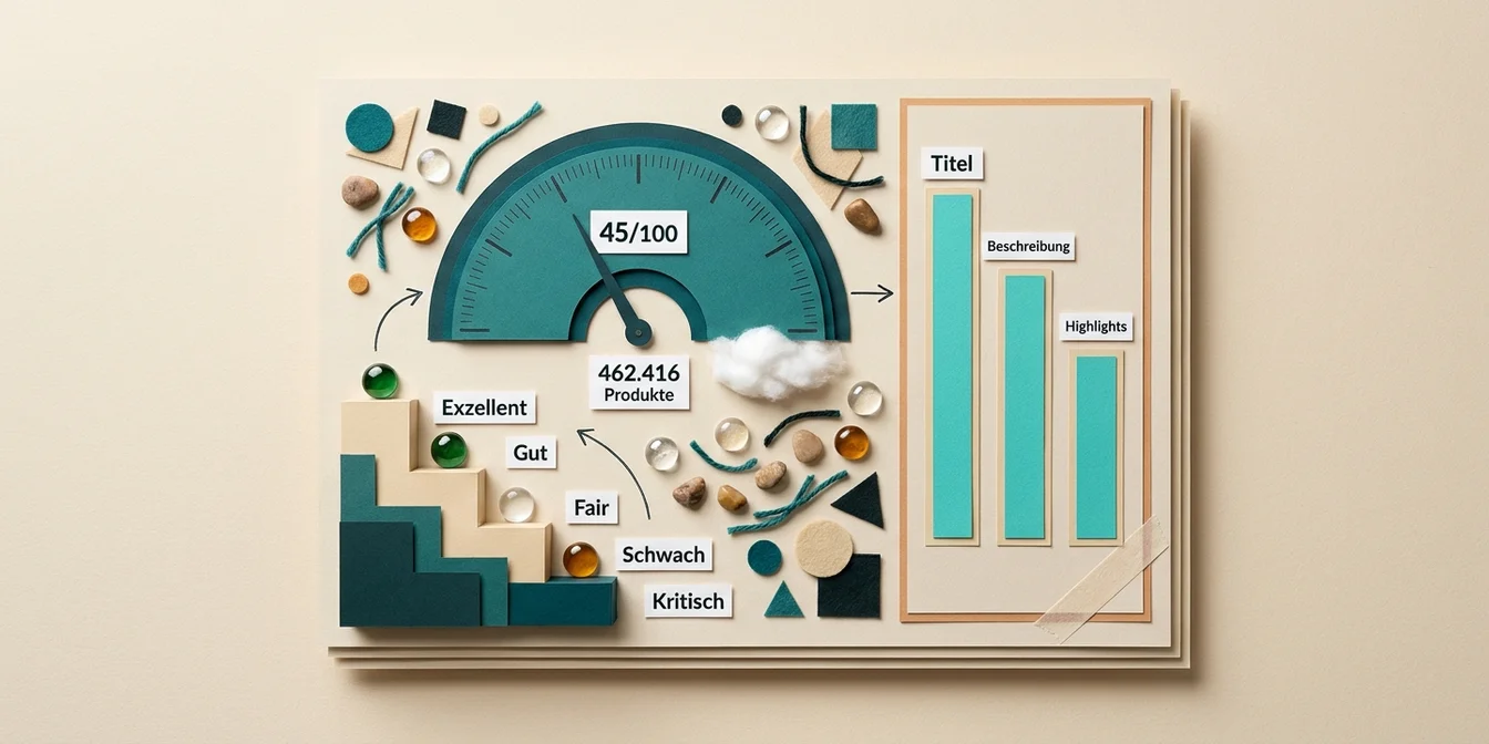 Feed Quality Score Benchmark Infografik mit Score-Verteilung und Komponenten-Vergleich Titel, Beschreibung, Highlights