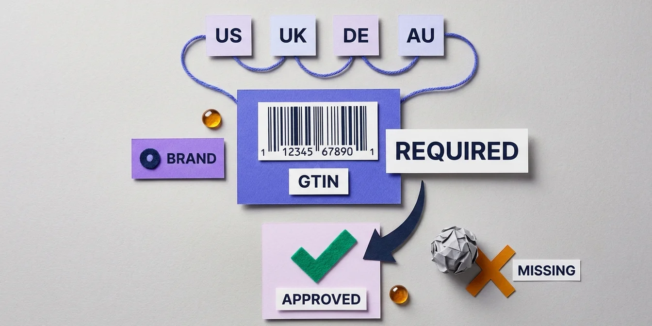 Google Shopping GTIN requirements with UPC barcode, GS1 check digit, and Merchant Center compliance check