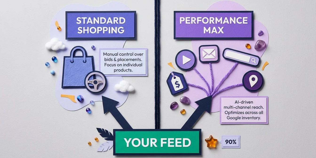 Performance Max vs Standard Shopping comparison with ROAS benchmarks and decision matrix