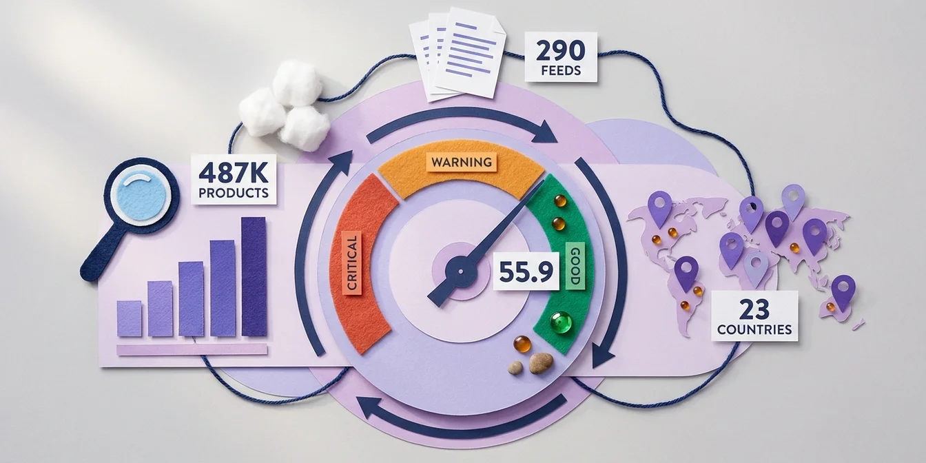 State of Google Shopping Feeds Q2 2026 data visualization with Quality Score, country breakdown, and optimization funnel across 487,000 products