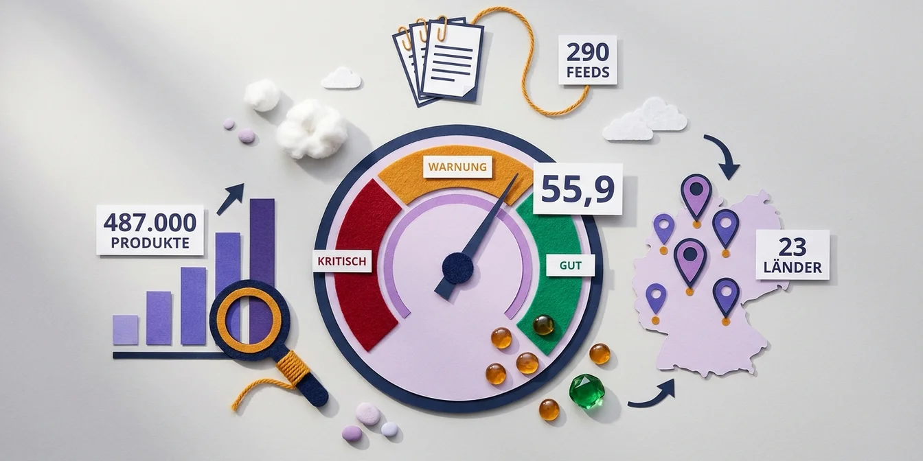 State of Google Shopping Feeds Q2 2026: Datenvisualisierung mit Quality Score, Länder-Split und Optimierungs-Funnel über 487.000 Produkte